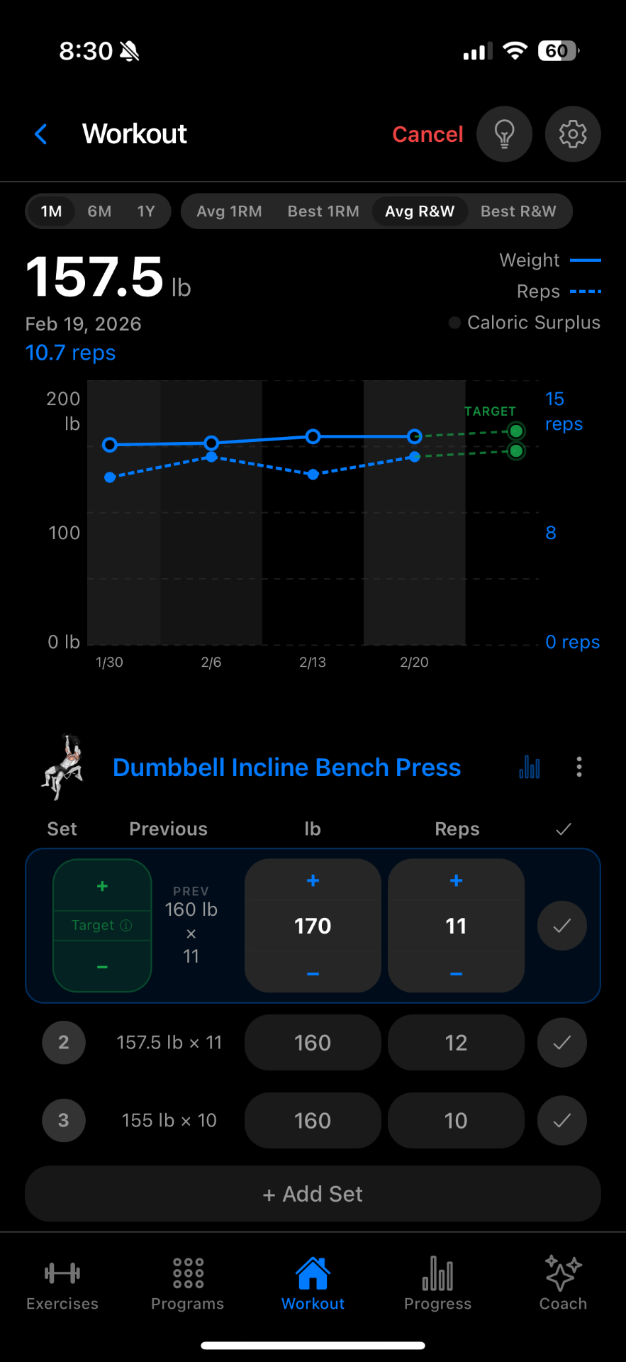 NextSet progress tracking with charts